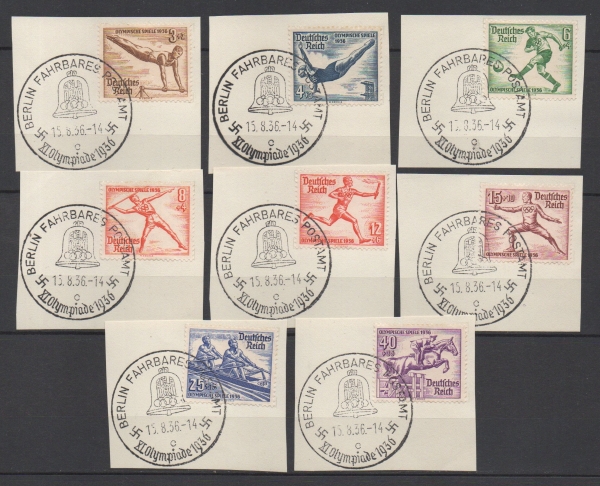 Michel Nr. 609 - 616, Olympiade mit Stempel Berlin Fahrbares Postamt auf Briefstück.